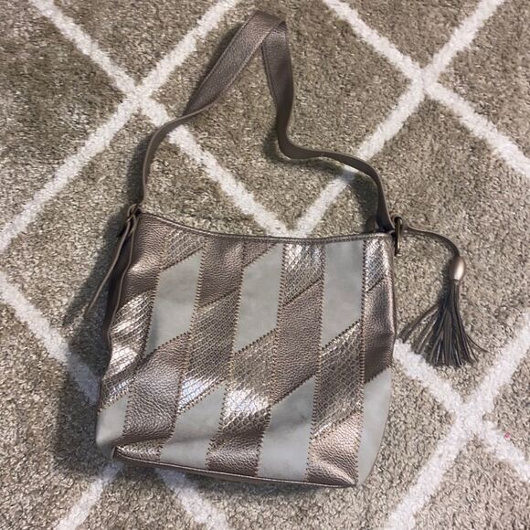 Vintage Bueno Gold Metallic and Suede Patched Shoulder Bag - Picture 1 of 9